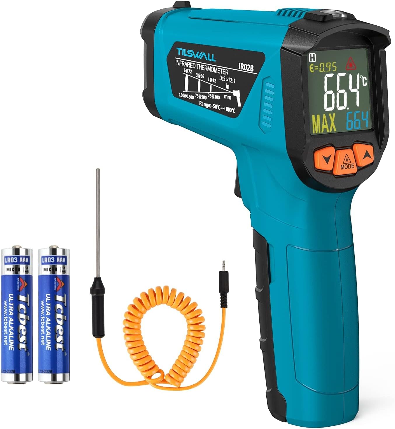 Tilswall Termómetro Infrarrojo (-50°C~800°C (-58°F~1472°F) Termometro laser sin Contacto con Emisividad Ajustable, para Cocina, industrial, BBQ y Congelador, Incluye sonda K, Usto No Humano（Azul）W300