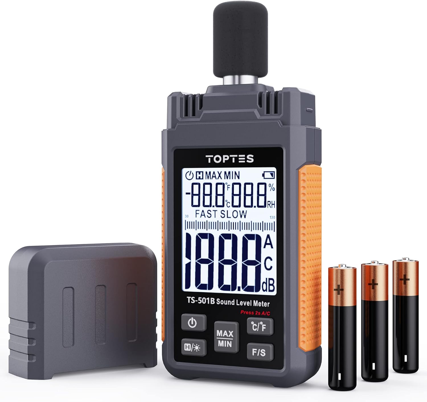Sonometro, Medidor de decibelios TopTes TS-501B retroiluminación LCD de 2,25 pulgadas, ponderado para A/C, rango de 30 a 130 dB, valor máximo/mínimo, vecino ruidoso, fábrica - naranja
