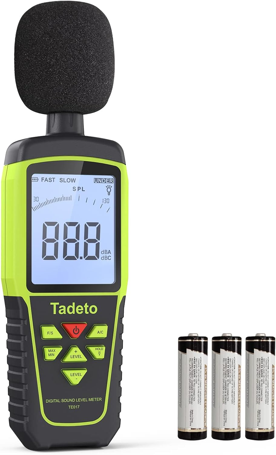 Sonometro, Tadeto Medidor Decibelios Portátil medidor ruido 30dB a 130dB con Pantalla LCD retroiluminada, Medición de ruido MAX/MIN,retención de datos,Modo A/C, para aula, oficina, fábrica