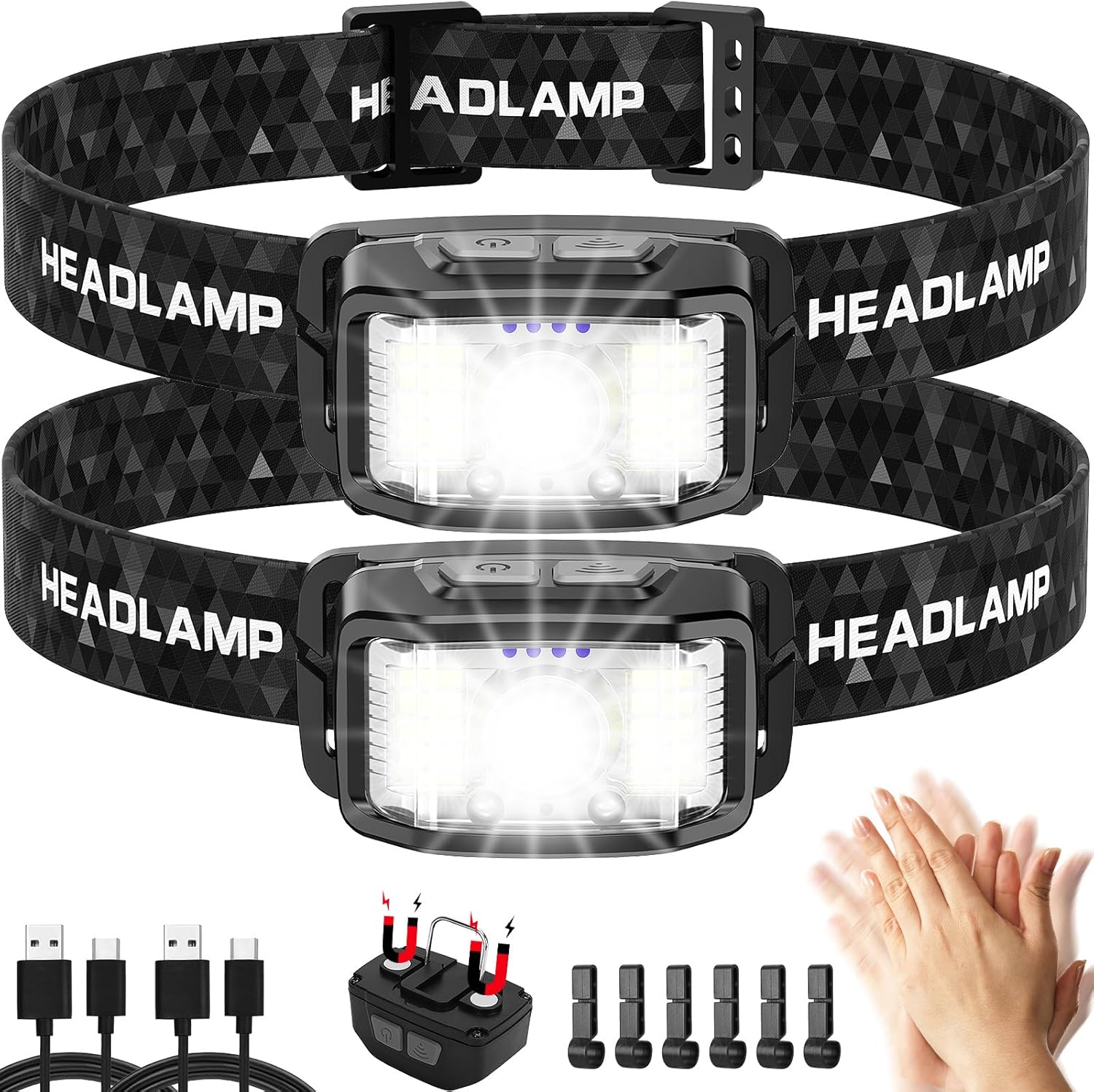 Linterna LED Frontal 2 Unidades, Linterna de Cabeza Recargable, Impermeable, 2000 Lúmenes, 16 Modos De Iluminación (Control Individual), con Sensor Inteligente, Para Correr,Excursión