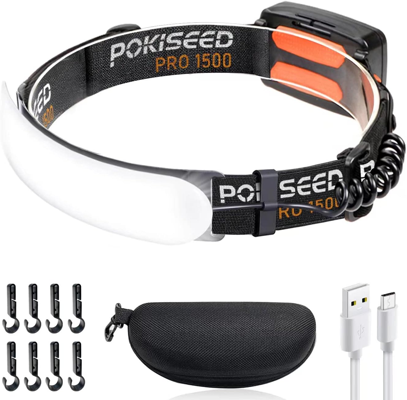 POKISEED Linterna Frontal LED Recargable 1500 Lúmenes, Linterna Cabeza USB-C 5000 mAh, Haz Ancho 230°, 3 Modos, IPX6 Impermeable, Ligera, Clips para Casco, para Correr, Camping, Caza, Pesca y Trabajo