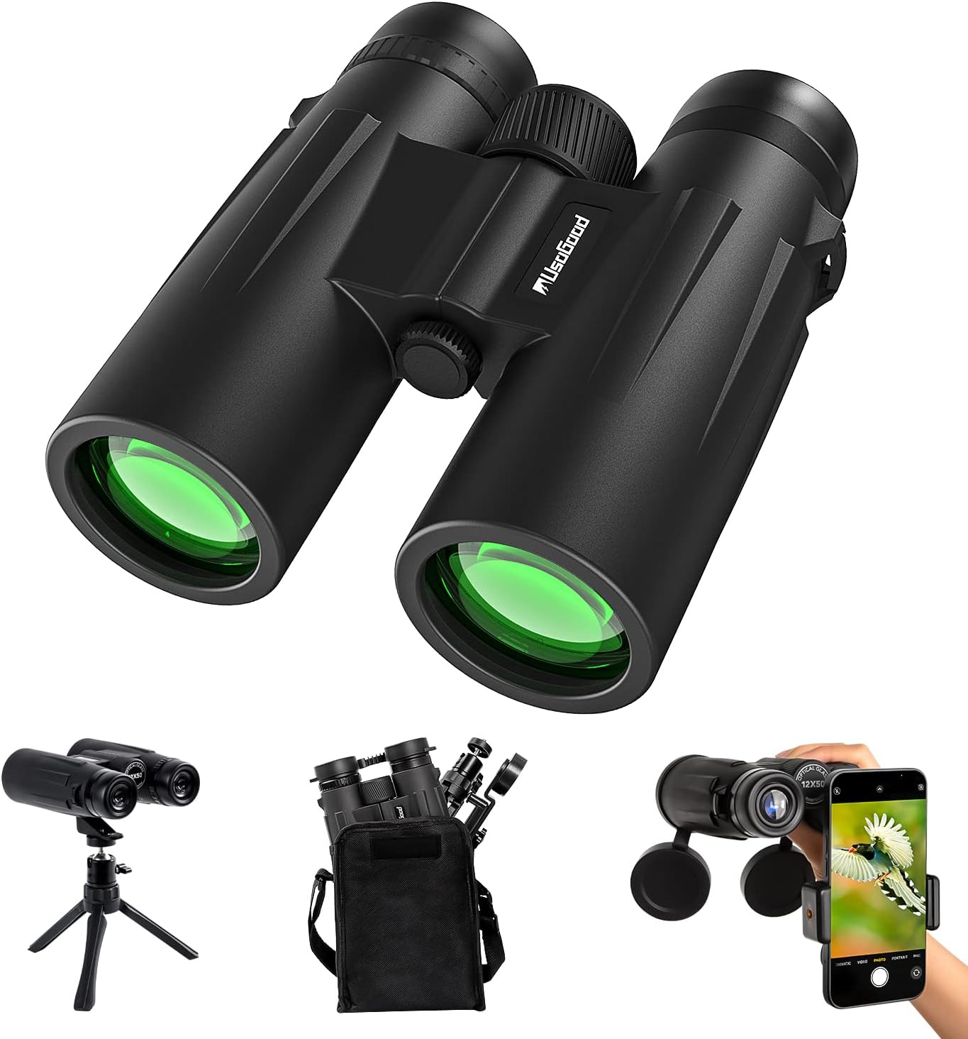 Usogood Professional 12 x 50 Prismáticos para Adultos - Prismas BaK4 | y lentes FMC, Potentes Binoculares para Observación de aves, Caza, Senderismo con Adaptador para Teléfono con Trípode