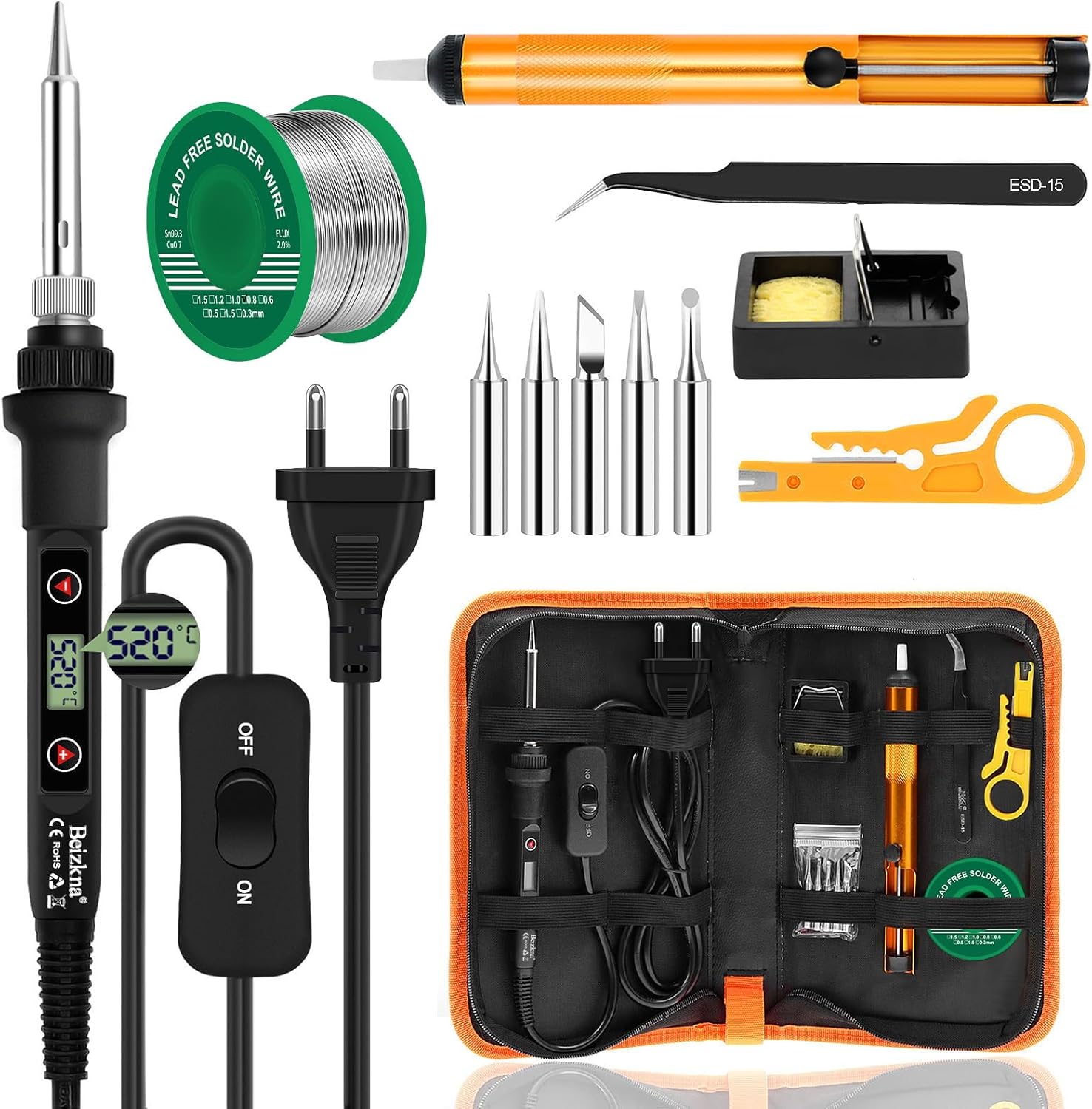 Beizkna Soldador de estaño 80W Kit 13 en 1 Soldador Profesional con Temperatura Ajustable 180℃-520℃, 5pcs Puntas, Bomba Desoldadora, Soporte, Pinzas Antiestáticas, Alambre de Soldadura