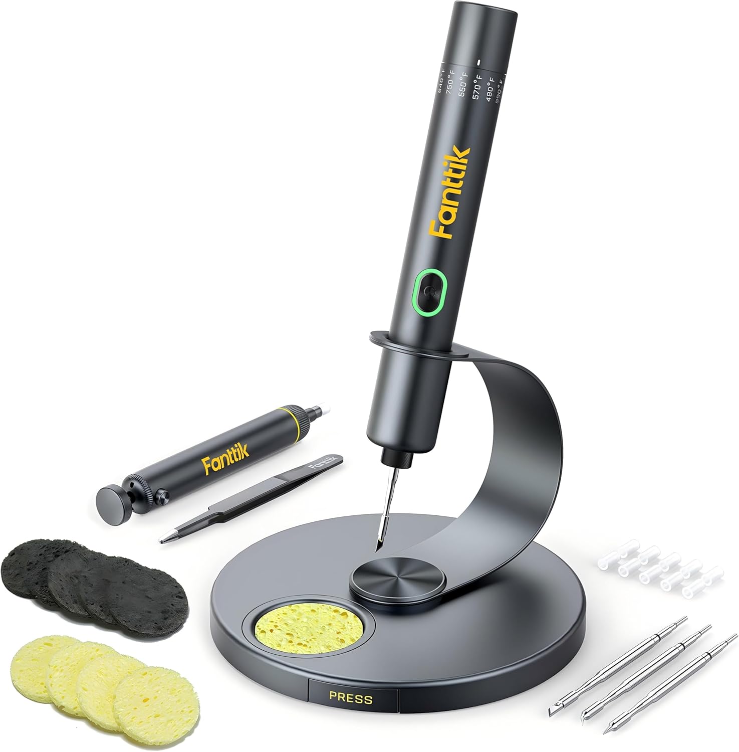 Fanttik de soldador T1 Max, soldador inalámbrico,7 segundos de calentamiento rápido(200-450℃) Temperatura Ajustable, Reposo Automático,4 Puntas de Soldadura de Precisión(C210),Soporte Giratorio 360°