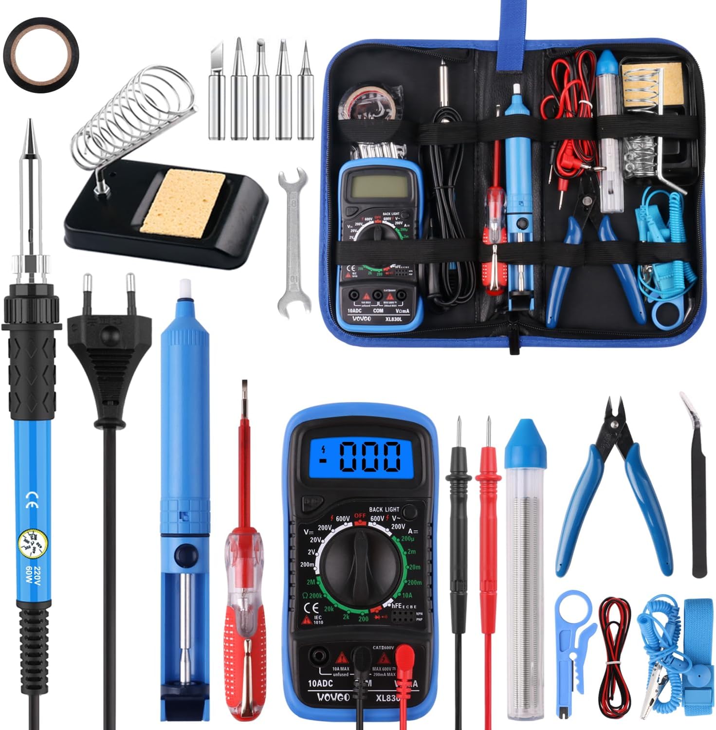 Soldador Estaño Set 24 in 1 con Caja de Herramientas, 60W Kit Soldadura Eléctrónica con Multímetro Digital,Temperatura Ajustable 200-450℃,Puntas Soldador