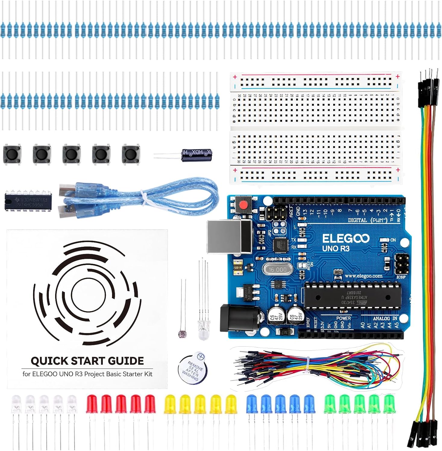 ELEGOO UNO R3 Conjunto Básico de Iniciación Compatible con Arduino IDE | con Guías Tutorial en Español, Starter Kit para Arduino UNO, Stem Kit con Placa UNO R3 y Protoboard