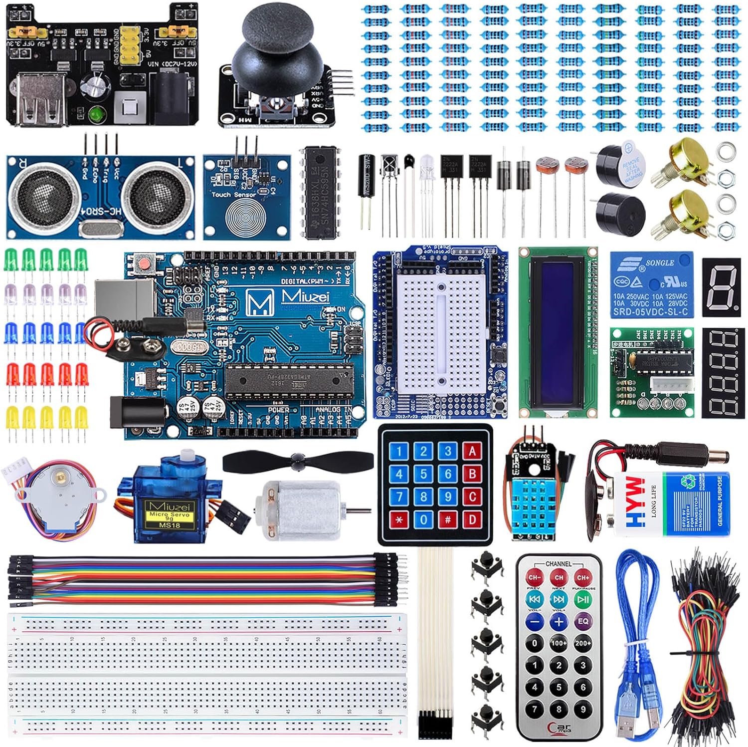 Miuzei Starter Set Compatible con Arduino Kit con Tutoría en Español, Breadboard, Servo, 9V 1A Power Supply, sensors, Leds para R3 Electronica Kit
