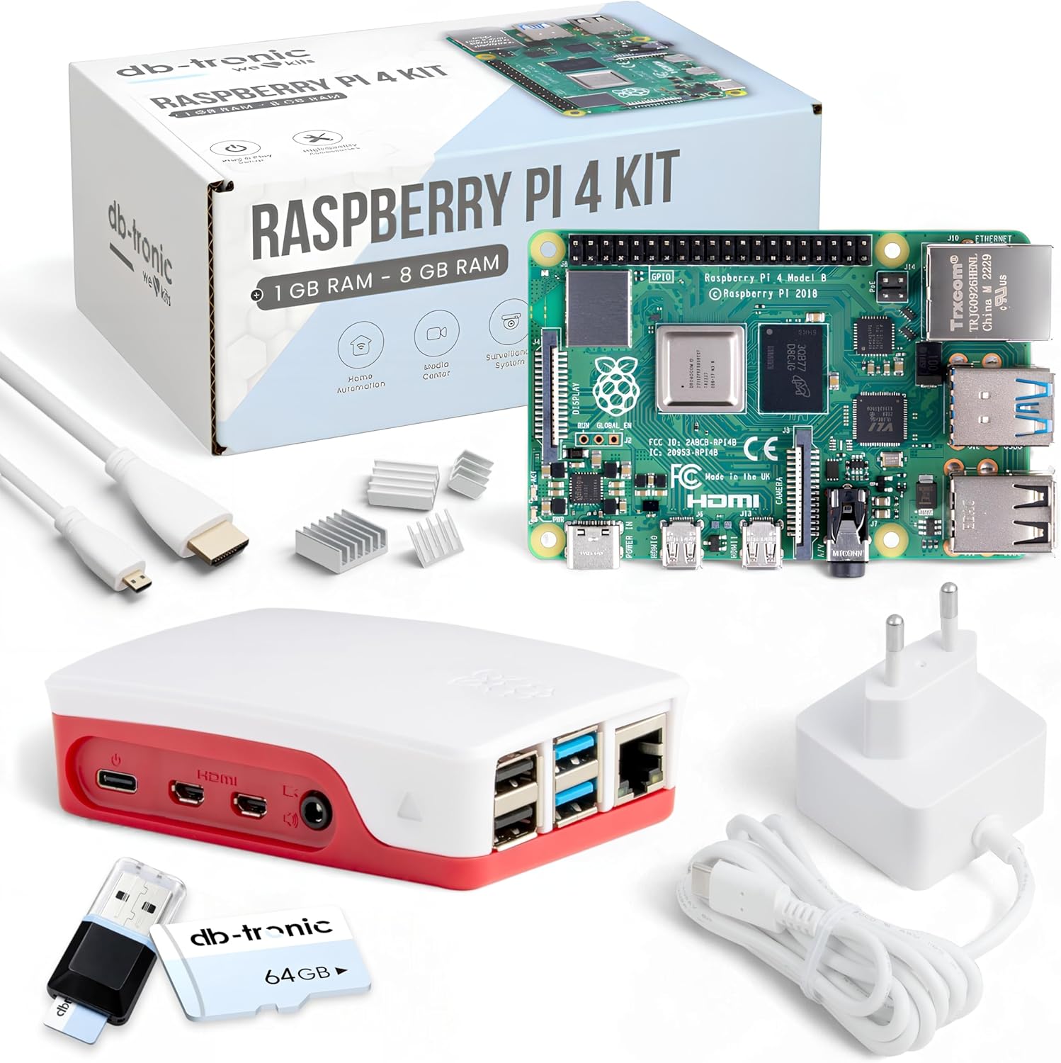 db-tronic Raspberry Pi 4 4 GB Starter Kit | Edición 64 GB | Alimentación 15 W | Carcasa | HDMI 4K | Disipadores | Ideal para Home Assistant y el Smart Home