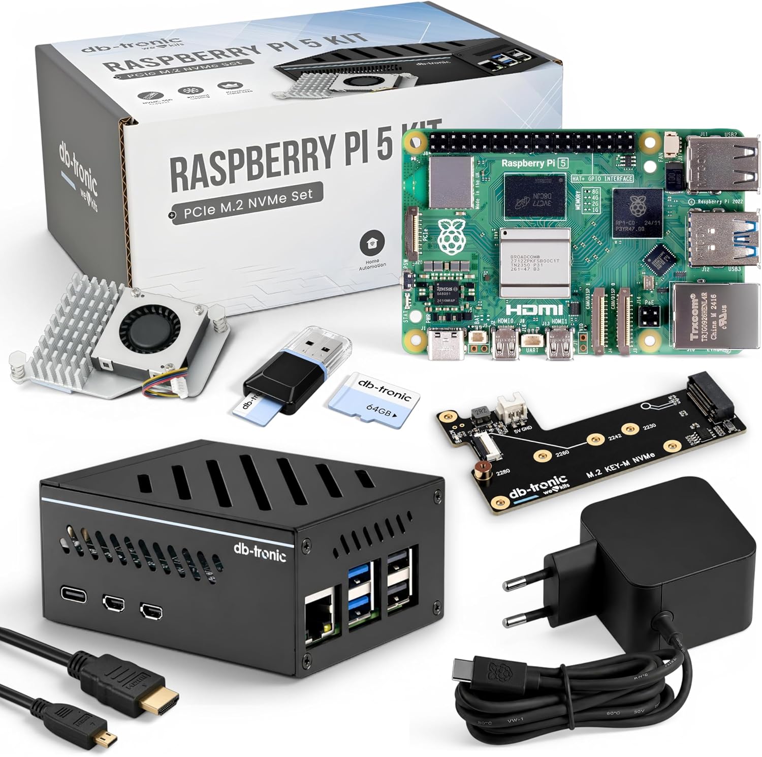 db-tronic Raspberry Pi 5 8 GB NVMe Kit | Edición 64 GB | Alimentación 27 W | Carcasa metálica | Refrigeración Activa | SSD M.2 NVMe PCIe | Ideal para Home Assistant y el Smart Home